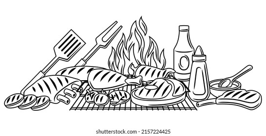 Bbq background with grill objects and icons. Stylized kitchen and restaurant items.