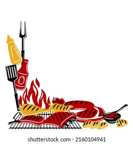 Bbq background with grill objects and icons. Stylized kitchen and restaurant items.