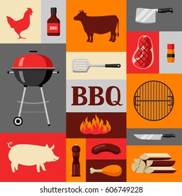 Bbq background with grill objects and icons.