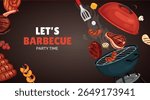BBQ background with grilled meat, vegetables, and tools. Barbecue elements on dark backdrop. Perfect for summer cookout, menu, or invitation design.