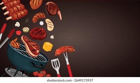 BBQ background with grilled meat, vegetables, and tools. Barbecue elements on dark backdrop. Perfect for summer cookout, menu, or invitation design.