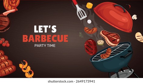 Fundo para churrasco com carne grelhada, legumes e ferramentas. Elementos para churrasco no fundo escuro. Perfeito para churrasco de verão, menu ou design de convite.