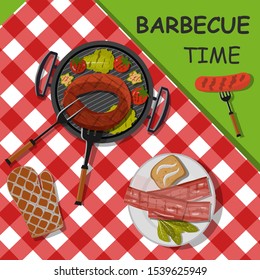 BBQ background with grilled vegetables, sausage and bacon. Grill pan and plate. Picnic concept. Vector illustration.