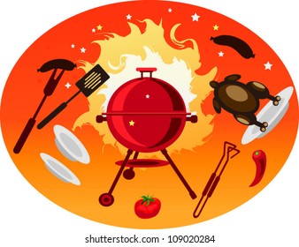 bbq background,picnic objects on the orange background.