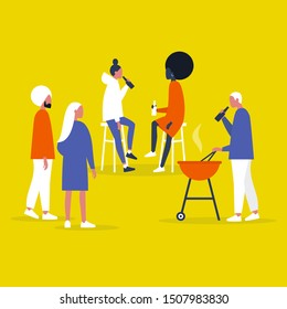 BBQ backyard party. Young adults drinking alcohol and preparing a grilled food. Lifestyle. Weekend activities. Flat editable vector illustration, clip art