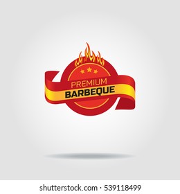 BBQ badge icon isolated concept. Freehand drawn logo sign template. Burger grill sticker. Round wreath shape frame with flame stars red ribbon emblem. Vector design idea of advertisement label symbol
