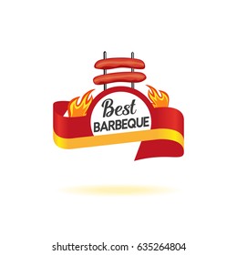 BBQ badge icon isolated concept. Freehand drawn logo sign template. Best barbecue grill sticker. Round wreath shape with flame emblem. Grilling sausage. Vector design of advertisement label symbol