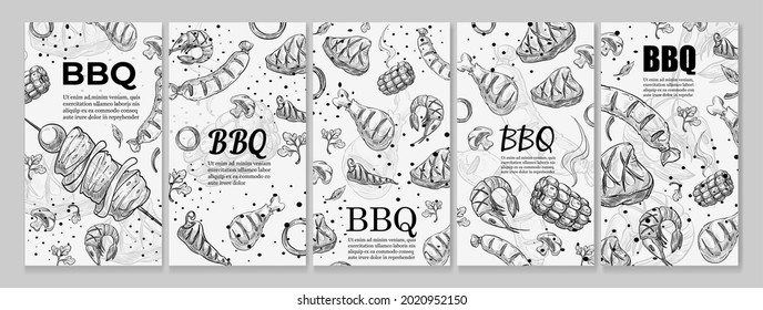 Bbq banner with food sketch, vertical barbecue design set, vector illustration. Grilled meat, vegetables and sausage meal. Hot steak at restaurant advertising, outdoor picnic flyer.