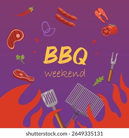 BBQ banner, grill elements, sausages, steak, shrimp, and barbecue tools. For food festival, summer event promotions.