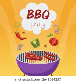 BBQ banner with grill, meat, vegetables and tex bubble. For summer food promotions and party invitations.