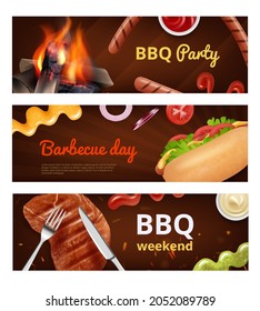 Bbq banners. Meal sausage for grill party hot dog burgers with steak beverage food decent vector promotional pictures with place for text