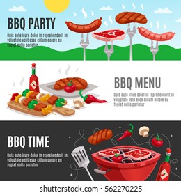 Bbq banners set with summer outdoor background meat skewers carving board and brazier with editable text vector illustration