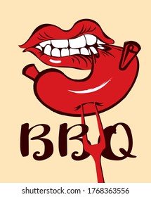 Bbq or barbecue banner, invitation card, flyer. Vector illustration in a flat style with lettering BBQ and a human mouth that bites a red fried sausage from a fork