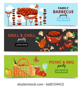 Bbq barbecue banners set with compositions of picnic and grill food images with read more button vector illustration