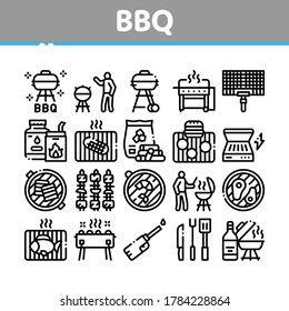 Bbq Barbecue Cooking Collection Icons Set Vector. Bbq Fried Meat And Shrimp, Fish And Bacon, Utensil And Gas Lighter, Grid And Wood Stick Concept Linear Pictograms. Contour Illustrations