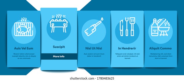 Bbq Barbecue Cooking Onboarding Mobile App Page Screen Vector. Bbq Fried Meat And Shrimp, Fish And Bacon, Utensil And Gas Lighter, Grid And Wood Stick Illustrations