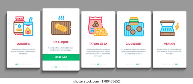 Bbq Barbecue Cooking Onboarding Mobile App Page Screen Vector. Bbq Fried Meat And Shrimp, Fish And Bacon, Utensil And Gas Lighter, Grid And Wood Stick Illustrations