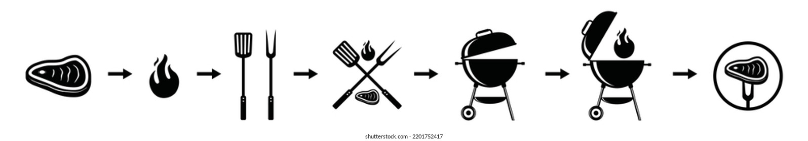 BBQ or barbecue cooking process with meat, fork, spatula, smoke and grill tools with fire symbol icon vector set