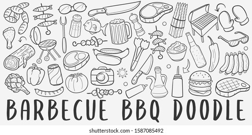 BBQ Barbecue Doodle Line Art Illustration. Hand Drawn Vector Clip Art. Banner Set Logos.