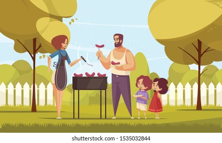 Bbq barbecue family composition with doodle characters of mom dad and their children in a backyard vector illustration