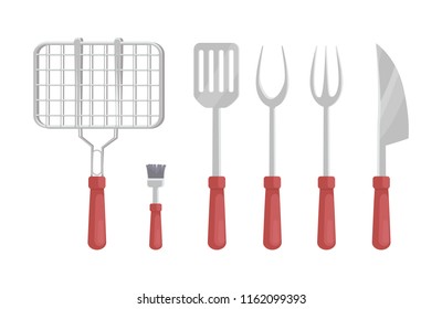 BBQ barbecue flatware isolated icons vector set. Grate for roasting meat brush and knife with sharp blade. Forks types dishware for barbeque picnic