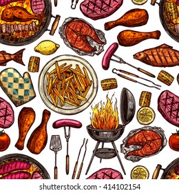 Bbq Barbecue Grill Color Sketch Seamless Pattern