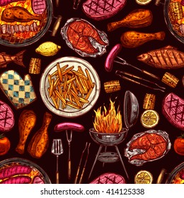 Bbq Barbecue Grill Color Sketch Seamless Pattern On Dark Background