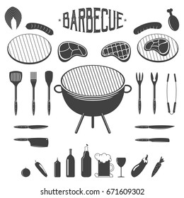 BBQ. Barbecue and grill design elements. Equipment, meat, beer, vegetables, wine. Icons, labels for steak house or grill bar. Vector