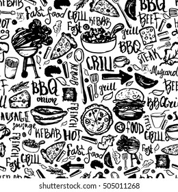 BBQ Barbecue Grill Doodle Seamless Pattern. Colorful BBQ design with hand drawn lettering for wrapping, banners and promotion.