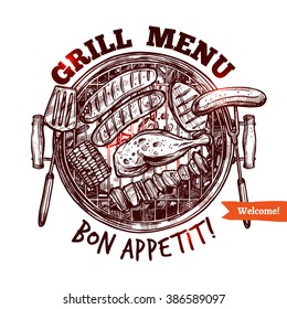 Bbq Barbecue Grill Drawn Menu Emblem