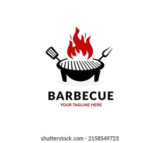 BBQ barbecue grill, grilling, cooking, meat. Flaming barbecue grill with cooking meal logo design. Barbecue fire with round grill vector design and illustration.