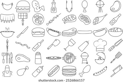 BBQ Barbecue grill icon set for logo and T-shirt design. Thin line art editable stroke.