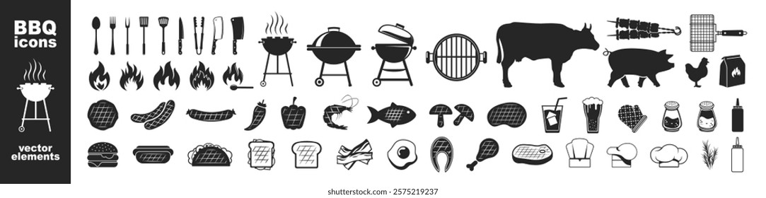 BBQ barbecue and grill icons on transparent background. BBQ party icons set, barbecue, grill or picnic. Grill menu symbol or logo
