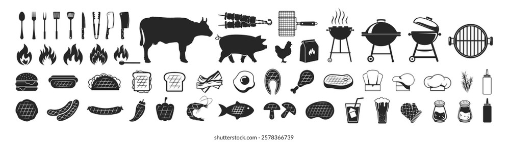 BBQ barbecue and grill icons on transparent background. BBQ party icons set, barbecue, grill or picnic. Grill menu symbol or logo