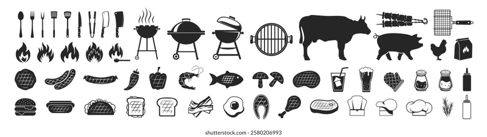 BBQ barbecue and grill icons on transparent background. BBQ party icons set, barbecue, grill or picnic. Grill menu symbol or logo