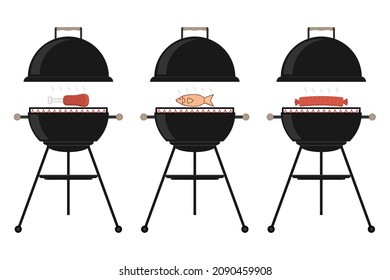 Bbq barbecue grill with meat, fish, sausage. Vector illustration. 