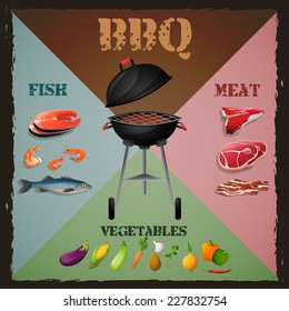 Bbq barbecue grill menu poster with meat fish vegetables vector illustration