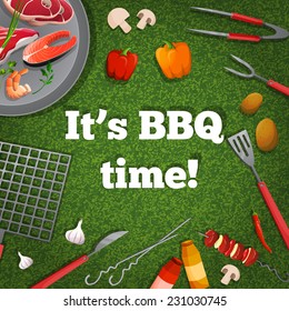 Bbq barbecue grill picnic poster with meat fish vegetables vector illustration