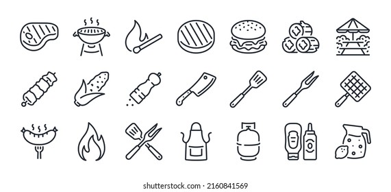 BBQ barbecue and grill related editable stroke outline icons set isolated on white background flat vector illustration. Pixel perfect. 64 x 64.	