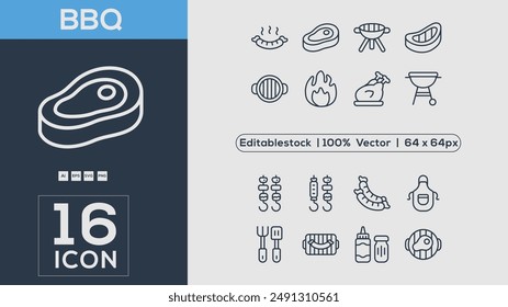 BBQ barbecue and grill related editable stroke outline icons set isolated on white background flat vector illustration. Pixel perfect.