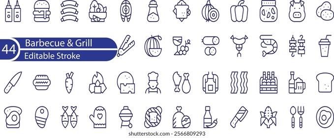 BBQ barbecue and grill related editable stroke outline icons set isolated on white background flat vector illustration