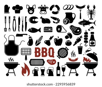 BBQ barbecue and grill related flat icons set isolated on white background. Vector Illustration