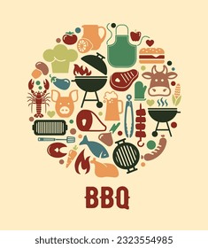 BBQ barbecue and grill related flat icons set isolated on white background. Vector Illustration