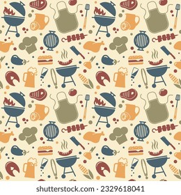 BBQ barbecue and grill related flat vector background. Seamless pattern. Vector Illustration