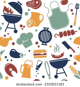 BBQ barbecue and grill related flat vector background. Seamless pattern. Vector Illustration