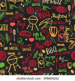 BBQ Barbecue Grill Sketch Seamless Pattern. Colorful BBQ design for wrapping, banners, promotion.