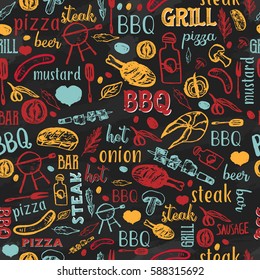 BBQ Barbecue Grill Sketch Seamless Pattern with typography. Colorful cafe menu design for wrapping, banners, promotion.
