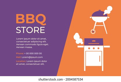 BBQ, barbecue grill store. Device tools for BBQ. Colorful isolated flat vector illustration.Pellet charcoal kettle and gas grills, smoker. Cooking grilled steak.Frying and smoking meat. Picnic outdoor