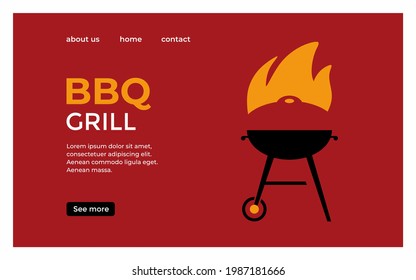 BBQ, planilla de página web de parrilladas barbacoas. Ilustración de vector plana aislada y colorida. Pellet, parrilladas de hervidor de carbón vegetal con fuego. Cocina carne a la parrilla. Carne de fritura y de tabaco. Exterior de picnic