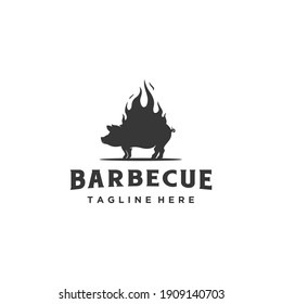 Bbq Barbecue Grilled Pork Pig Boar Fire Flame Silhouette Logo design inspiration